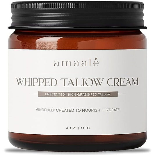 100% Grass-Fed Whipped Tallow Cream (Unscented) - Halal-Certified Beef Tallow with Organic Raw Honey & Cold-Pressed Olive Oil - Natural Face & Body Moisturizer for Dry, Sensitive Skin, 4 oz