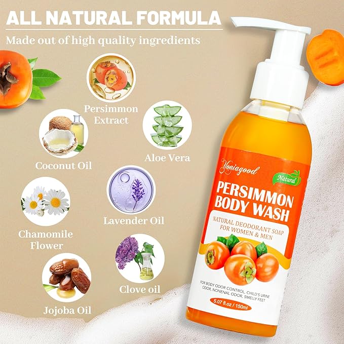 2 PCS Persimmon Body Wash for Strong Odor Control, Natural Persimmon Soap Bar Old People Smell Remover, Smelly Feet Deodorant Body Odor Eliminator, Body Wash Gel for Women & Men