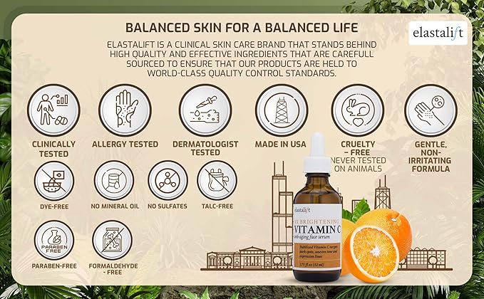 Elastalift Vitamin C Facial Serum For Age Spots, Wrinkles, & Expression Lines. Anti-Aging Face Serum W/Vitamin C & Hyaluronic Acid Brightens Skin To Promote Healthier Skin Complexion, 1.75 Fl Oz