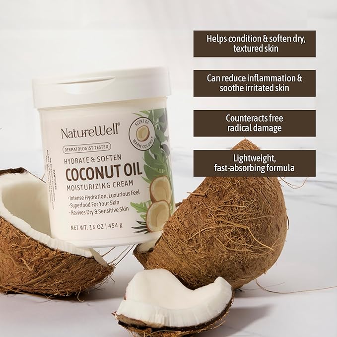 NATURE WELL Hydrate & Soften Coconut Oil Moisturizing Cream for Face, Body, & Hands, Non-Greasy, Intense Hydration & Luxurious Feel, Revives Dry & Sensitive Skin, Superfood for Your Skin, 16 Oz