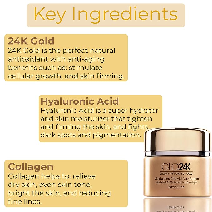 GLO24K Moisturizing Day Cream with 24k Gold, Hyaluronic Acid, Collagen, and Vitamins. For Optimal Hydration.