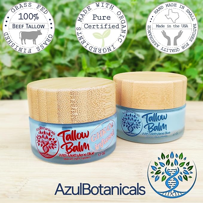 Copper Peptide GHk-Cu & Methylene Blue Infused Whipped Grass Fed Beef Tallow Balm, Fine lines, Wrinkles, Eczema, Acne, Full body Moisturizer, All skin types, With Organic Ingredients 1.7oz