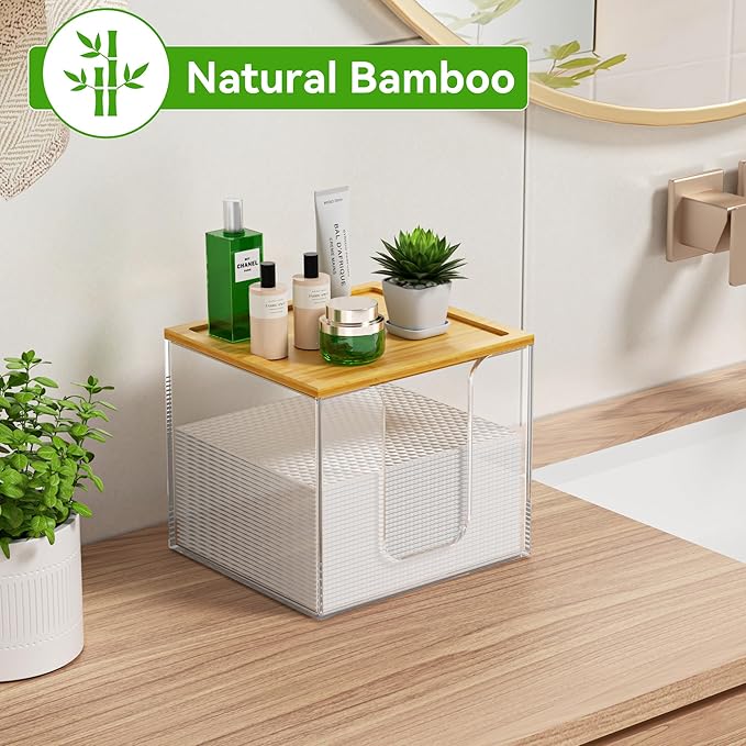 VITVITI Disposable Face Towel Holder Box, Acrylic Facial Towel Container for XL Clean Skin Club, Large Disposable Face Towels Storage with Bamboo Lid, for Bathroom, Vanity Makeup, Clear