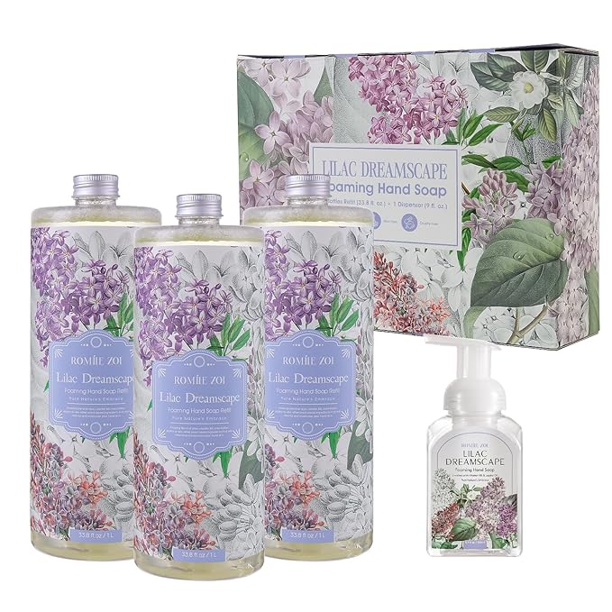 Lilac Foaming Hand Soap Refill Gift Set – 3 Pack (33.8 Fl Oz Each) with Refillable Dispenser, Soft Floral Scent, Moisturizing, Biodegradable & Chemical-Free Formula for Bathroom, Kitchen