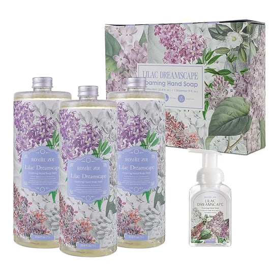 Lilac Foaming Hand Soap Refill Gift Set – 3 Pack (33.8 Fl Oz Each) with Refillable Dispenser, Soft Floral Scent, Moisturizing, Biodegradable & Chemical-Free Formula for Bathroom, Kitchen
