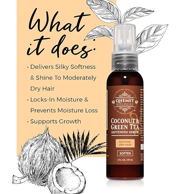 Qhemet Biologics Coconut & Green Tea Softening Serum - Lightweight Hair Serum to Soften, Smooth & Revitalize Dry Hair - Adds Slip and Shine to Thin, Fine, Low Porosity Strands (2 oz)