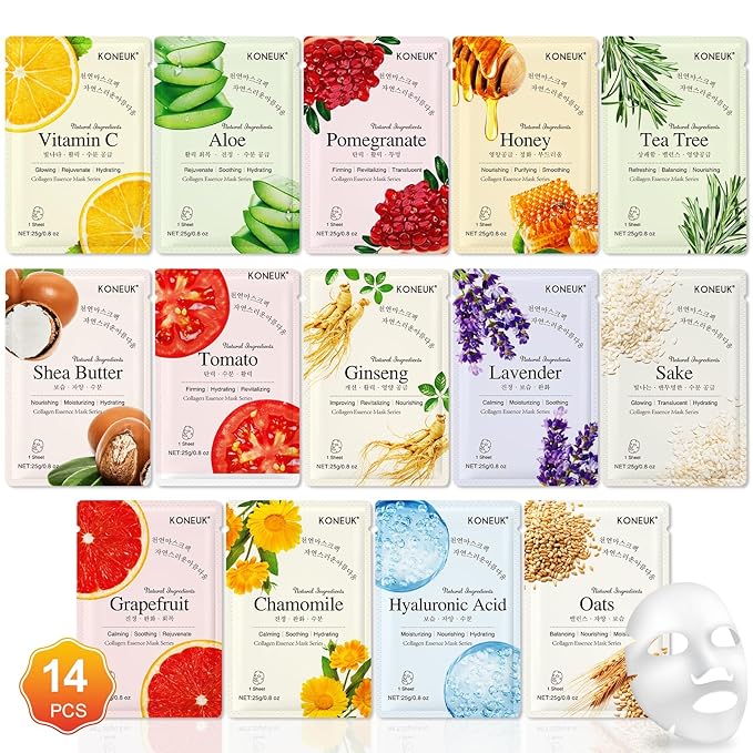 14 Pack Sheet Face Masks Skincare, Hydrating Face Masks Suitable for Dry Skin, Bulk Facial Mask Set for Women Skin Care, Face Mask Gifts Set for Face Spa