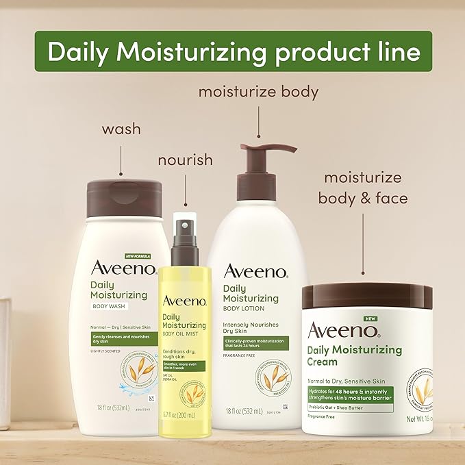 Aveeno Daily Moisturizing Body Wash for Women and Men for Dry & Sensitive Skin, Paraben, Soap & Dye-Free, Gentle Shower Cleanser, Dermatologist Recommended Brand, Lightly Scented, 33 Fl Oz
