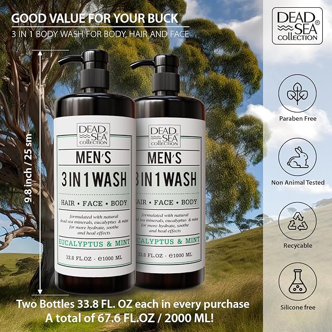 Dead Sea Collection Mens Body Wash 3 in 1 – Eucalyptus Body Wash for Men – Shower Gel – Shampoo – Shower Soap for Face and Hair – Pack of 2 Bottles (33.8 Fl. Oz. Each)