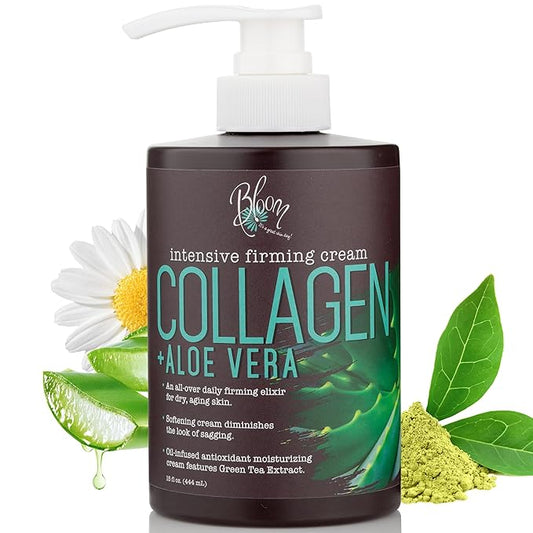 BLOOM Collagen Cream + Aloe Vera & Vitamin E Body Lotion & Face Moisturizer | Fragrance Free Skin Firming Collagen Body Lotion For Women & Men | Anti Aging Crepey Skin Tightening Cream, 15 Ounce