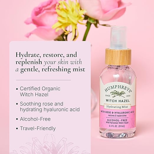 Humphreys Witch Hazel Hydrating Toner Mist Spray | Balancing & Hydrating Facial Toner | Alcohol-Free | Wild Harvested Witch Hazel | Soothing Rose Water | 3.3 Fl Oz Travel Size | Vegan & Cruelty-Free