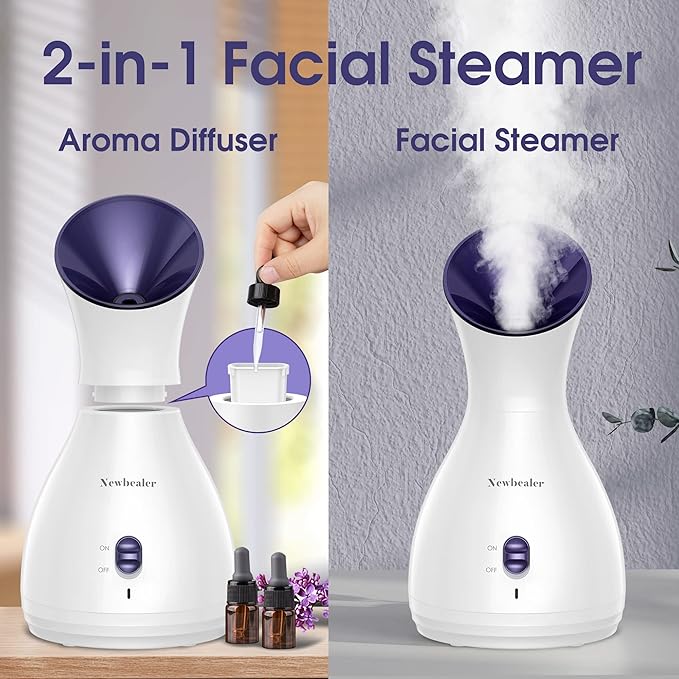 Newbealer 2in1 Facial Steamer, Hot Mist Facial Aromatherapy Humidifier Atomizer, Large Face Steamer Unclogs Pores Sinuses Moisturizing, Home Sauna Spa with Eyebrow Set (Purple, 170ml)