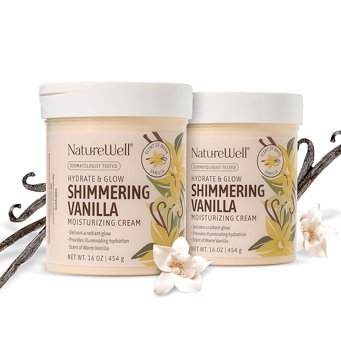 NATURE WELL Shimmering Vanilla Hydrate & Glow Moisturizing Cream For Face & Body, Intensely Nourishing & Softening, Delivers A Sparkling Radiance & Illuminating Hydration, Pack of 2 (16 Oz Each)