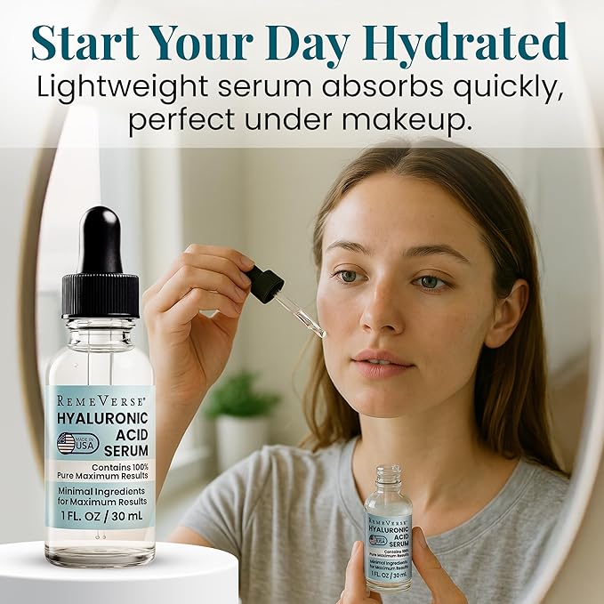 RemeVerse Hyaluronic Acid Serum - 100% Pure Formulation for Face, Lips & Décolleté - Intense Moisture for Dry Skin & Fine Lines - Wrinkle-Reducing Formula for a Youthful & Plump Appearance, 1 oz