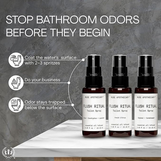 Muse Apothecary Flush Ritual - Aromatic & Refreshing Toilet Spray, Use Before You Go, Infused with Natural Essential Oils - Travel Size Mini Collection, 0.45 oz, 3 Pack