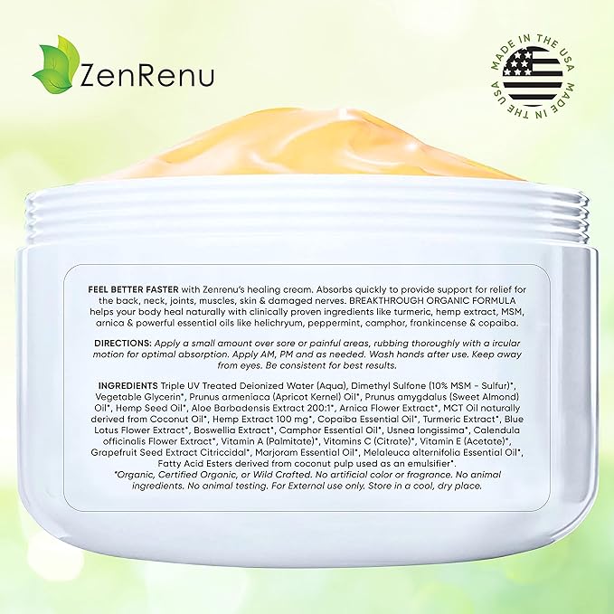 Zenrenu Organic Hemp Turmeric Joints & Muscle Cream with Arnica, MSM, Hemp Oil Extract, & 7 Essential Oils - Non Greasy & Fast Absorbing for Back, Neck, Elbows, Knees, & Hip 4 oz