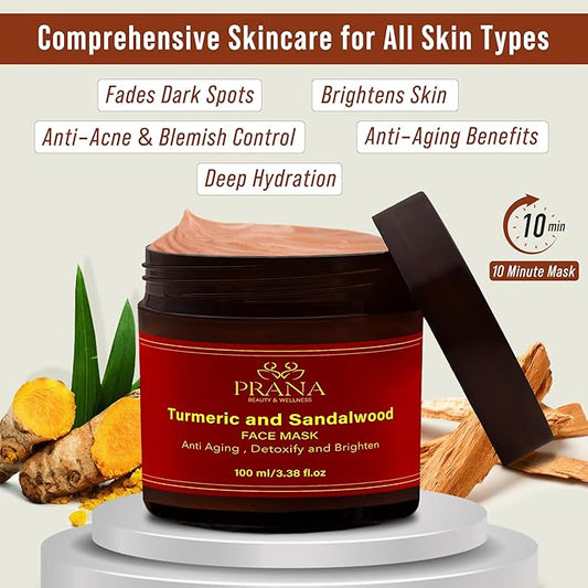 PRANA Sandalwood & Turmeric Face Mask- Natural Cleansing Facial Mask with Ayurvedic Ingredients -Bentonite & Kaolin Clay Face Mask -Brightening, Hydrating, Anti-Aging, Vegan & Cruelty-Free Mask- 100ml