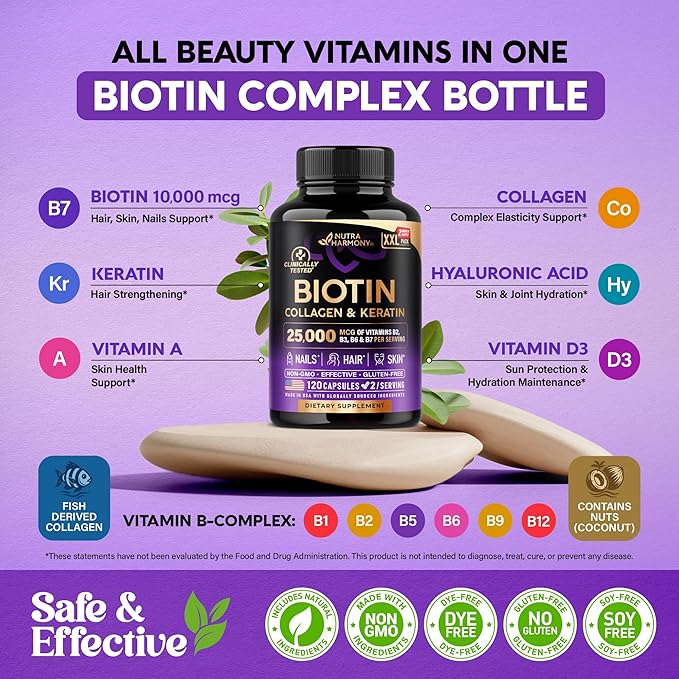 Biotin | Collagen | Keratin - Clinically Tested Supplement - Hair Growth Support, Skin & Nails - 25000 mcg Vitamins B2, B3, B6 & B7 + B1 & Hyaluronic Acid - Made in USA - Women & Men | 120 Capsules