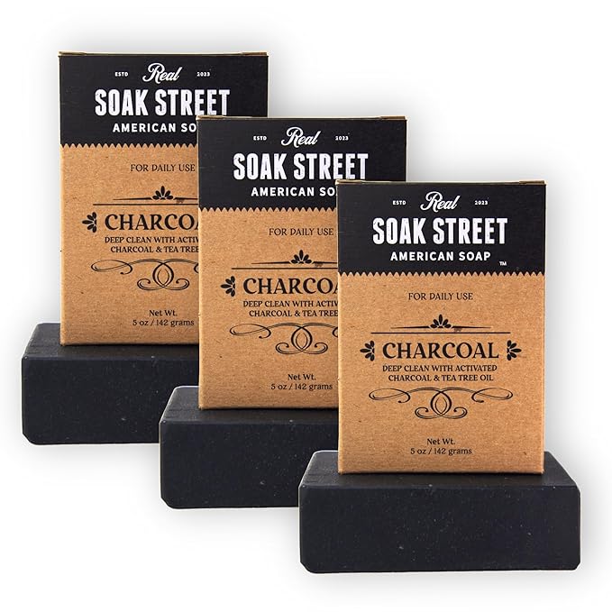 Real American Soap with Activated Charcoal & Tea Tree Oil (3 Pack) – Long-Lasting, Moisturizing Natural Bar Soap with Grass Fed Tallow, Gentle Conditioning Lard, & Coconut Oil – Daily Use