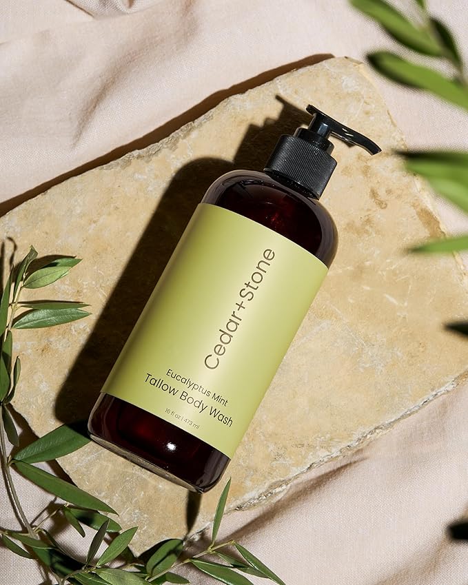 Cedar + Stone Tallow Body Wash – Liquid Tallow Soap & Shower Gel with USDA Organic Oils – Deeply Moisturizing, Sulfate-Free Cleanser for Sensitive Skin – Eucalyptus & Mint – Made in USA, 16oz
