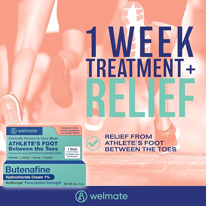 WELMATE - Athletes Foot Treatment Extra Strength - Antifungal Cream - Butenafine Hydrochloride - Relief from Ringworm, Athlete's Foot & Jock Itch - Foot Care - Nail Fungus Treatment for Toenail - 1oz