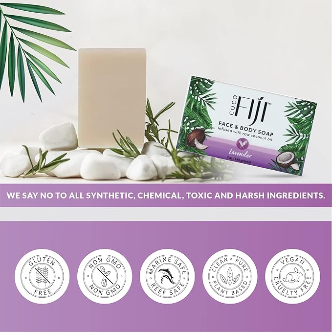 "Coco Fiji Soap Bar for Face and Body Infused With Organic Coconut Oil, Lavender Essential Oil, Natural Soap for Moisturizing & Pore Purifying Skin, 7 oz, Pack Of 3 "