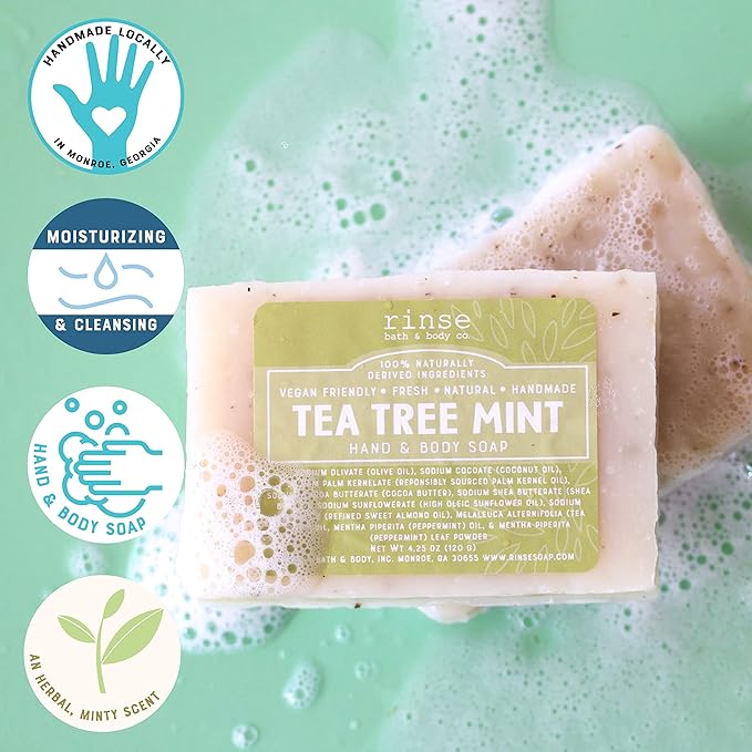 Rinse Bath & Body Peppermint & Tea Tree Oil Soap Bar - Handmade Castile Bar Soap | Naturally Moisturizing & Cleansing | Acne, Poison Ivy | Shea & Cocoa Butter | Essential Oils | Vegan Friendly| 4.25oz
