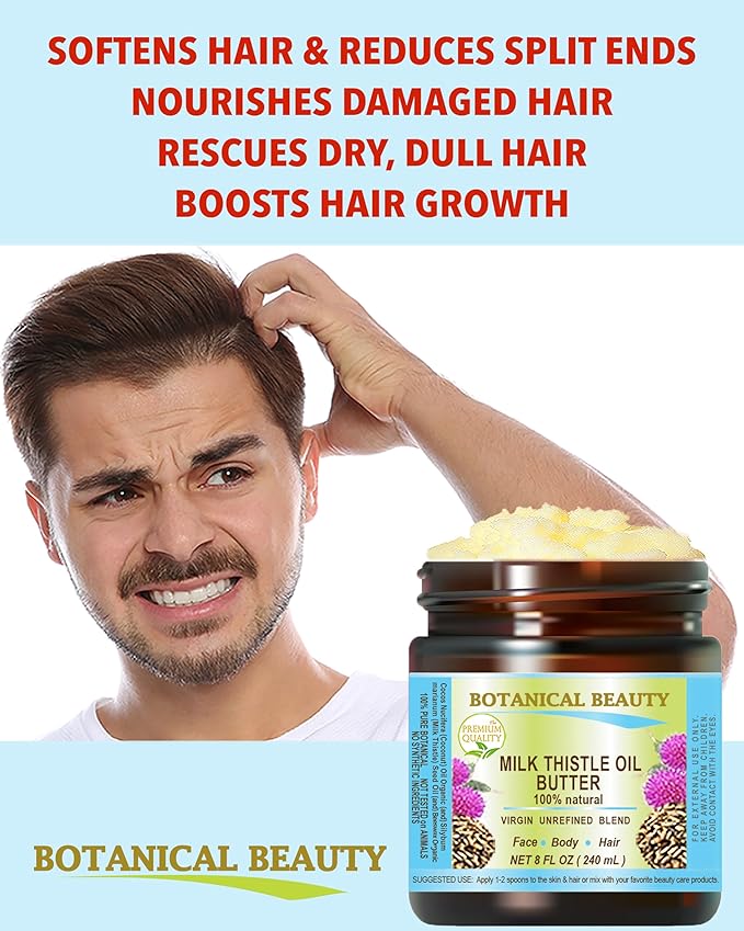 Botanical Beauty MILK THISTLE OIL BUTTER Silybum marianum 100% Natural for FACE, SKIN, BODY, HAIR, NAILS, Foot Care. Foot Oil butter, Skin Moisturizer (8 Fl Oz)