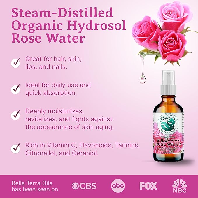 Bella Terra Oils - Organic Rose Water Spray 8 oz - Unveiling The Hydrosol of Roses, Nourishing Face and Hair, Rich in Rose Antioxidants