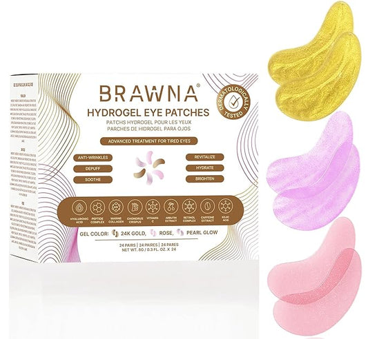BRAWNA Under Eye Patches – Hydrogel Masks with Retinol, Hyaluronic Acid, Collagen & Caffeine – For Puffy Eyes, Dark Circles, Wrinkles & Fine Lines – Gift Set – 24 Pairs