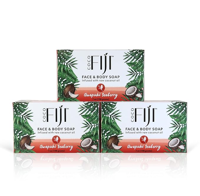 "Coco Fiji Soap Bar for Face and Body Infused With Organic Coconut Oil, Awapuhi Seaberry, Essential Oil, Natural Soap for Moisturizing & Pore Purifying Skin, 7 oz, Pack Of 3 "