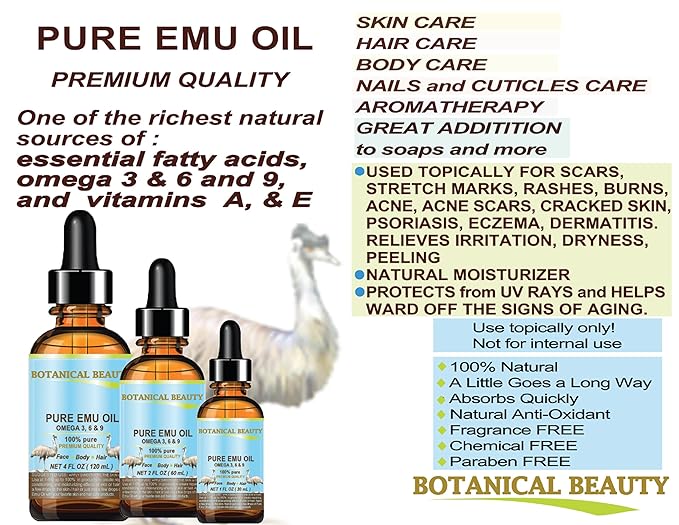 Botanical Beauty PURE EMU OIL 100% Natural Unrefined for Face, Skin, Body, Hands, Feet, Nails, Hair, Lip Care 4 Fl Oz - 120 ml