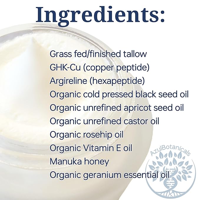 Ultimate Anti-Aging Tallow Balm Made with Organic Ingredients and Infused with Copper Peptide (GHK-Cu) and Argireline Hexapeptide, Black Seed Oil, Apricot Seed Oil