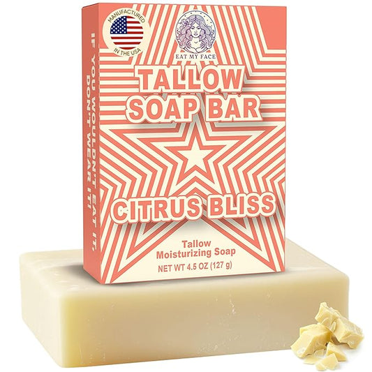 Beef Tallow Soap Bar Grass Fed – Organic Body Soaps, Face Tallow Soap Bar for Women – All Natural Soaps for Sensitive Skin, Moisturizing & Nourishing Cleanser for All Skin Types, In Citrus Bliss Scent