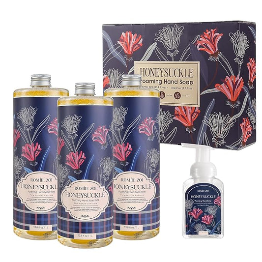Foaming Hand Soap Refill Gift Set – Honeysuckle Scent – 3 Pack (1000ML Each) with Dispenser, Gentle & Moisturizing Plant-Based Formula – Bulk Refill Bottles for Bathroom & Kitchen Use