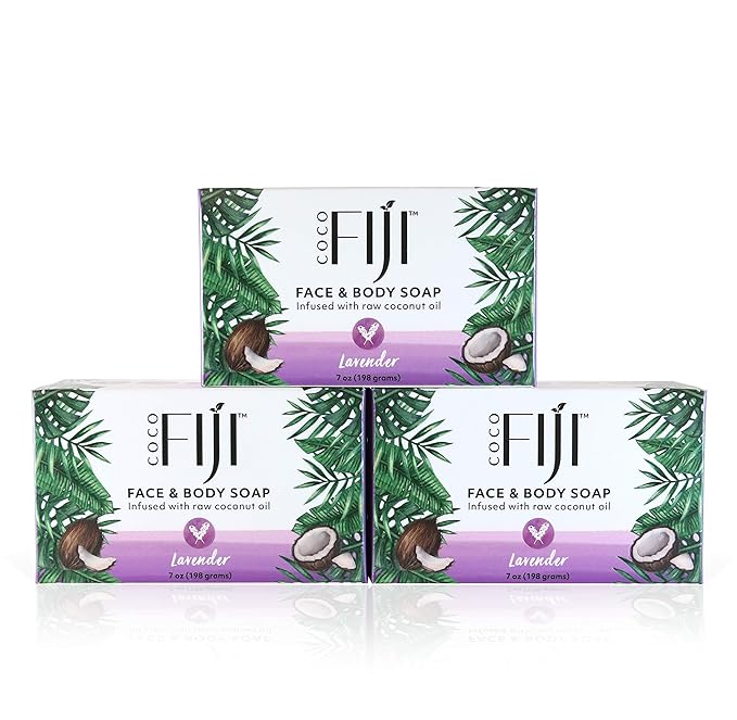 "Coco Fiji Soap Bar for Face and Body Infused With Organic Coconut Oil, Lavender Essential Oil, Natural Soap for Moisturizing & Pore Purifying Skin, 7 oz, Pack Of 3 "