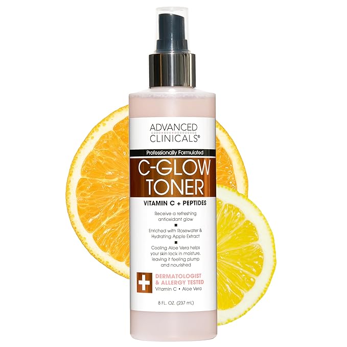 Advanced Clinicals Vitamin C Glow Facial Mist Toner for Face W/Rosewater, Ferulic Acid, & Peptides. Vitamin C Antioxidant Moisturizer Face Mist Provides Instant Skin Hydration, Non-Greasy, 8 Fl Oz