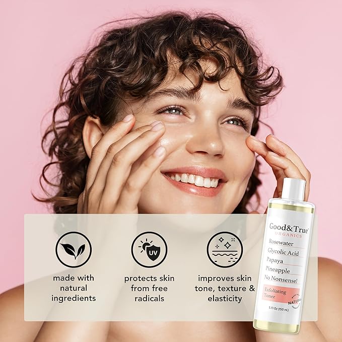Good & True Organics Exfoliating Toner, Glycolic Acid, Papaya & Pineapple Enzymes, Rose Water for Smooth Skin - Removes Impurities, Hydrates & Balances,Gentle for All Skin Types, 5 fl oz