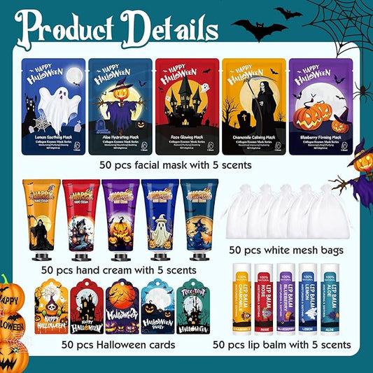 VESPRO 50 Pack Halloween Hand Cream, Facial Mask and Lip Balm Set, Bulk Halloween Gifts for Women, Halloween Decorations, Halloween Party Favors, Halloween Basket Stuffers and Halloween Skincare