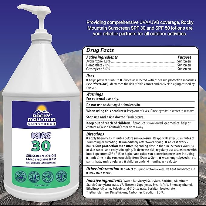 Rocky Mountain Sunscreen | KIDS SPF 30 Lotion -Broad Spectrum UVA/UVB Protection | Hawaii 104 Reef Act Compliant (Oxybenzone & Octinoxate Free) | Water Resistant 80 Min. | Gallon with Pump (128 Fl Oz)
