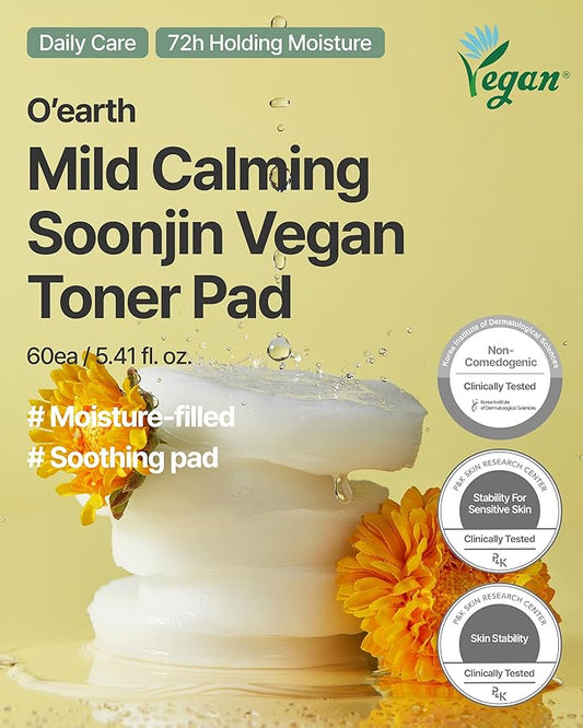 O’Earth Mild Calming Vegan Toner Pad - Dual-Textured, Exfoliating, Soothing, Moisturizing with Dandelions & Hyaluronic Acid, EWG Green Certified, 90 Pads