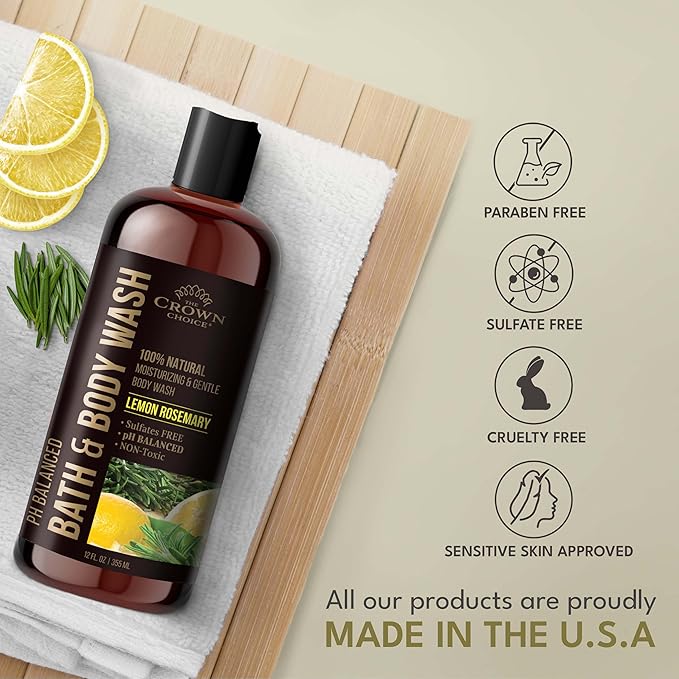 Natural Body Wash for Women, Men & Kids - Organic Lemon Rosemary - 12oz pH 5.5-Best pH Balance-Liquid Soap for All Skin Types-Moisturizing Sulfate & Chemical Free Shower / Bath Liquid Gel (Pack of 2)