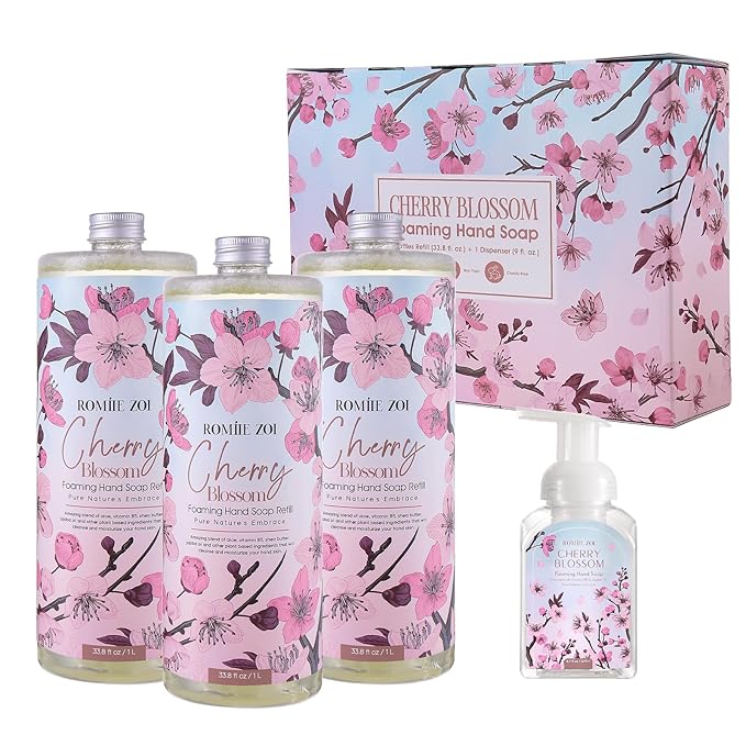 Cherry Blossom Foaming Hand Soap Refill Gift Set – 3 Pack*33.8 Fl Oz with Refillable Dispenser, Refreshing Floral Scent, Moisturizing & Chemical-Free for Bathroom, Kitchen, Sensitive Skin