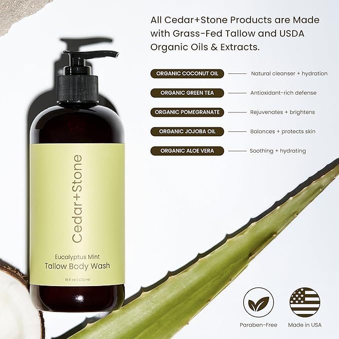 Cedar + Stone Tallow Body Wash – Liquid Tallow Soap & Shower Gel with USDA Organic Oils – Deeply Moisturizing, Sulfate-Free Cleanser for Sensitive Skin – Eucalyptus & Mint – Made in USA, 16oz