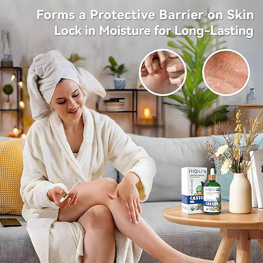 HIQILI Castor Oil Organic Cold Pressed Unrefined Glass Bottle, USDA Certified Organic, Hexane Free - Premium Grade Oil for Face, Hair Growth, Eyelash -3.38 Fl Oz