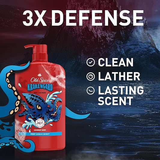 Old Spice Cleansing Body Wash for Men, 3X Defense, 24/7 Shower Fresh with Lasting Scent, 2-in-1 Body & Face Wash, Krakengard with Deep Ocean Scent, 33.4 (Pack of 4)