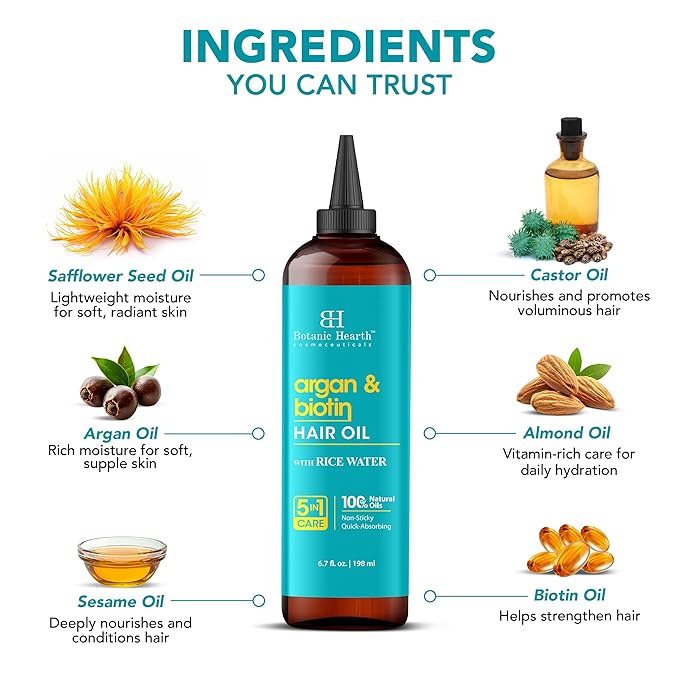 Botanic Hearth Argan & Biotin Oil to Tame Frizz and Add Shine (6.7 fl oz)|Nourishing And Strengthening Hair Treatment For Thicker, Healthier|Looking Hair | Paraben Free | Suitable For All Hair Types