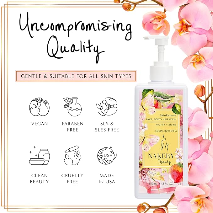 Nakery SkinRestore Hydrating Face & Body Wash with Hyaluronic Acid - Body Wash for Sensitive Skin - Foaming Face Wash & Oil Cleanser for Women 350ml - Sulfate Free & Cruelty Free - Social Butterfly