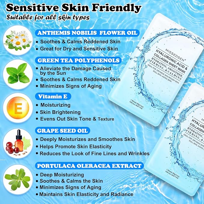 Collagen Face Mask with Hyaluronic Acid, Vitamin E Oil for Skin Care Hydrating, Moisturizing, Brightening & Anti Aging Face Masks Skincare for Oil, Dry, Acne, Sensitive All Skin Types 12PCS