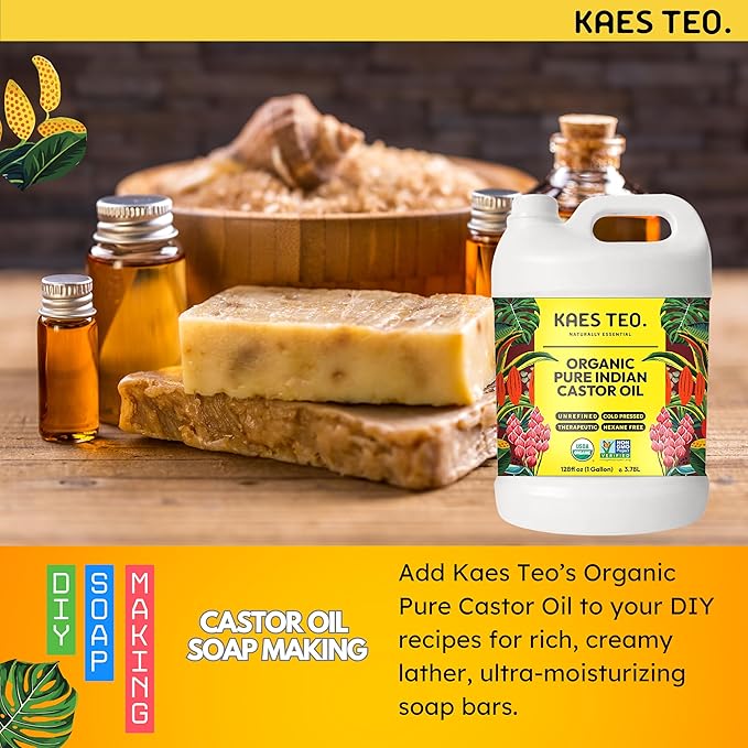 Organic Castor Oil 1 Gallon (128 fl oz) Bulk, 100% Pure Cold-Pressed, Hexane Free, Eyelash, Eyebrow & Hair Growth Serum, Skin Moisturizer, Massage, Hair Loss, Dandruff, Detox and Wraps